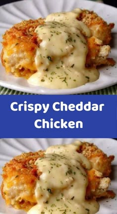 crispy cheddar chicken on a paper plate with gravy and parsley