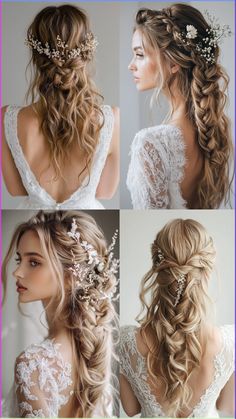 four pictures of different hairstyles with flowers in them