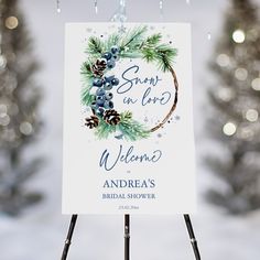 a welcome sign with pine cones and blue berries on it in front of snow - covered trees