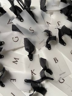 black and white ribbons with the letter s on them are scattered around letters that appear to have been cut into smaller pieces