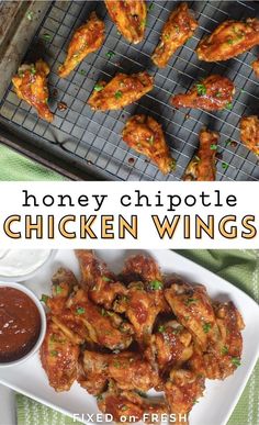 honey chipotle chicken wings on a plate with dipping sauce and the words, honey chipotle chicken wings