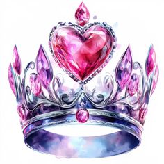 a watercolor painting of a tiara with pink jewels and a heart on it