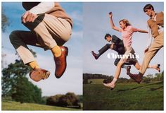 two pictures of people jumping in the air with their feet up and one is wearing brown shoes