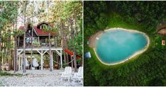 an aerial view of a cabin in the woods next to a blue lake and a house