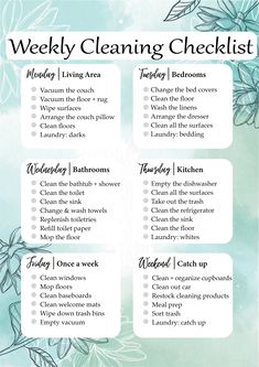 the weekly cleaning checklist is shown in blue and white with green leaves on it