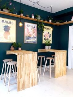 the bar is made out of wood and has three stools