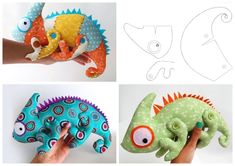 three pictures of different types of stuffed animals in various stages of development, with one being held up by someone's hand