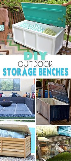 an outdoor storage bench made out of pallet wood and plastic crates, with text overlay reading diy outdoor storage benches