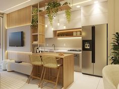 a modern kitchen and living room with plants hanging from the ceiling