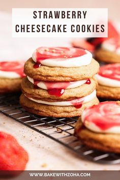 strawberry cheesecake cookies on a cooling rack with strawberries in the background and text overlay