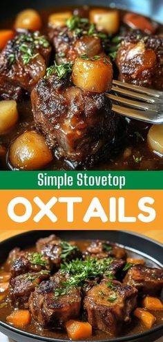 the cover of simple stovetop oxtails with potatoes and carrots in a skillet