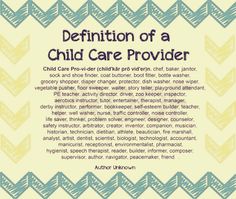 a child care poster with the words definition of a child care worker in blue and yellow