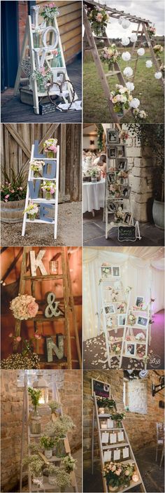 wedding decorations and flowers on display in different stages of being displayed at the same time