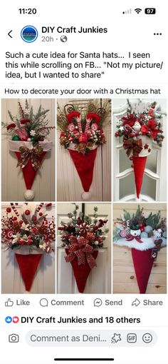 an image of christmas decorations hanging on the wall in different styles and colors, including red