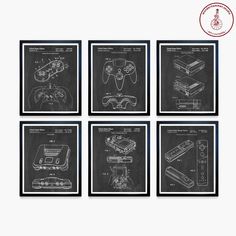 four framed blueprints of video game controllers