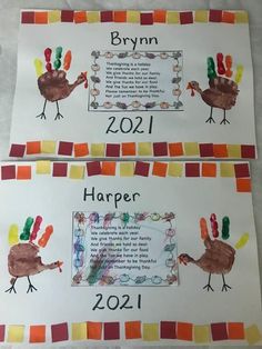 two handprinted turkeys with the names of each child's name