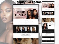 the shopify 2 0 theme is displayed on an ipad, tablet and desktop computer