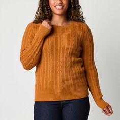 Add unique texture and vibrant color to your cold-weather wardrobe with this St. John's Bay women's tall cable-knit sweater made from a soft cotton blend. It has a classic crew neckline, long sleeves and ribbed trims. Stock up on different colors and pair yours with pants or jeans.Features: EssentialsClosure Type: Pullover HeadFit: Regular FitNeckline: Crew NeckSleeve Length: Long SleeveSleeve Style: Fitted SleeveApparel Length: 26.5 Inches - Front, 26 Inches - BackFiber Content: 88% Cotton, 12% Crew Neck Cable Knit Top For Cold Weather, Cable Knit Crew Neck Top For Cold Weather, Plain Sweaters, Tall Sweater, Sweater Brown, Large Sweaters, Small Sweater, Long Sleeve Pullover Sweater, Pullover Sweater Women