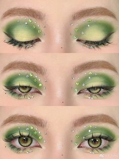 Pretty Green Makeup Looks, Green Eye Makeup With Rhinestones, Fairy Green Makeup, Tiana Inspired Makeup, Tiana Makeup Look, Portals Inspired Makeup, Green Mermaid Makeup, Green And Pink Makeup Looks, Green Rhinestone Makeup