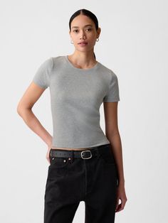 Soft cotton-blend ribbed-knit slightly cropped T-shirt.  Crewneck.  Short sleeves.  Certain styles have allover prints.  * Fit: Stretch-to-Fit.  Slim & stretchy that forms to your shape.  Slightly cropped, hits at the waist.  Models wearing Gap Cropped T Shirt, Crop Tshirt, New Woman, Toddler Boys, Heather Grey, Ribbed Knit, Gap, Cotton Blend, Short Sleeves