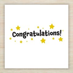 congratulations card with yellow stars and the words congratulations on it in black lettering, against a white background