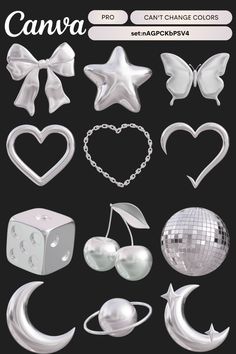 an assortment of silver objects are shown in this graphic design set, including hearts, stars, and moon shapes