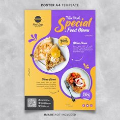 a purple and yellow flyer for a food restaurant with two plates of food on it