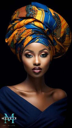 an african woman wearing a yellow and blue turban with her hair pulled back