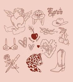 some tattoos on a pink background with an animal and other things in the background that are drawn