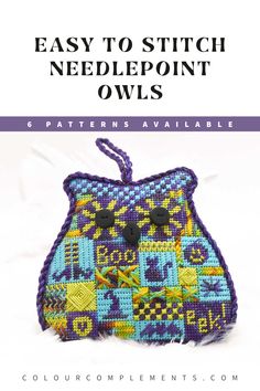 an owl bag with the words easy to stitch needlepoint owls written in black on it