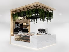 an open air cafe with plants growing on the wall and counter top, along with coffee machines