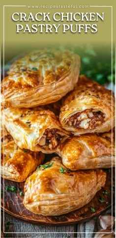 These Crack Chicken Pastry Puffs are a savory, indulgent treat filled with creamy chicken, cheddar, ranch dressing, and bacon, all wrapped in flaky puff pastry. Perfect for parties, game days, or family gatherings, these puffs are sure to be a crowd favorite. #CrackChicken #PastryPuffs #SavorySnacks #PuffPastry #CheddarCheese #RanchDip #GameDaySnacks #ChickenAppetizers #EasyAppetizers Chicken Stuffed Puff Pastry, Puff Pastry Rotisserie Chicken, Chicken Parcels Recipes, Chicken Bacon Ranch Puff Pastry, Recipes With Puff Pastry Dinner, Dinner Ideas Using Puff Pastry, Dinners With Puff Pastry, Chicken Pastry Puff, Phyllo Pastry Recipes Dinner