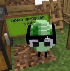 an animated character standing in front of a sign that says oppa gegenam style