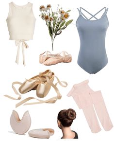 ballet clothes and shoes are arranged on a white background