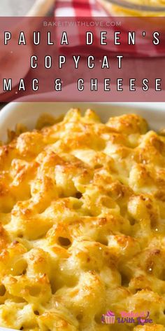 macaroni and cheese casserole in a white dish with text overlay