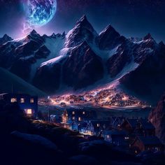 a night scene with mountains, houses and a full moon in the sky above them