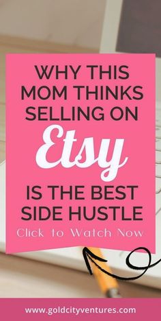 a white laptop computer sitting on top of a desk next to a pink sign that says, why this mom thinks selling on easy is the best side hustle click to watch now