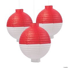 two red and white paper lanterns hanging from strings