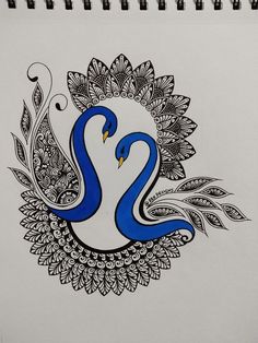 a drawing of two blue birds sitting on top of each other