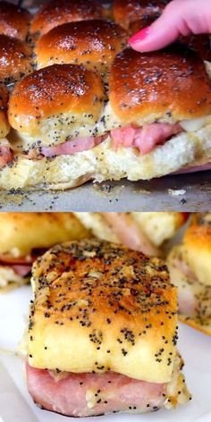 two pictures of ham and cheese sliders with poppy seed sprinkles on them