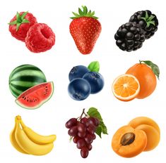 various fruits and berries are arranged in the shape of a circle on a white background