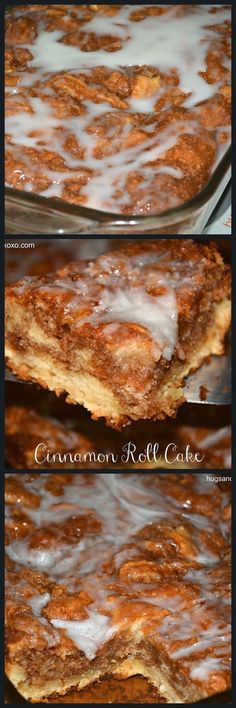 cinnamon roll cake with icing and sugar on top