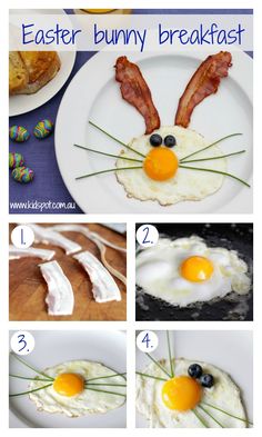 four pictures showing how to make an egg and bacon bunny face with eggs in the middle