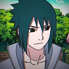 an anime character with black hair and blue eyes looking at the camera while standing in front of trees