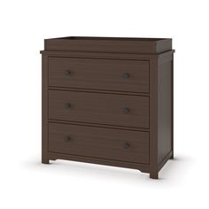 a brown dresser with three drawers