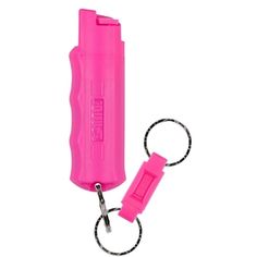 a pink keychain that is attached to a metal chain with a clip on it