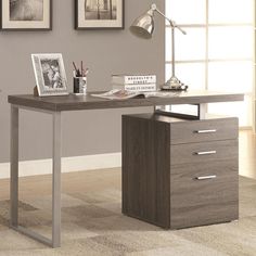 an office desk with two drawers and a book shelf in front of the desk is shown