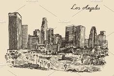 the los angeles skyline in black and white, drawn by hand with ink on paper