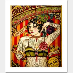 A Fine Art High Definition Vintage Art Tattooed Lady Poster Print -- Choose from our vast selection of art prints and posters to match with your desired size to make the perfect print or poster. Pick your favorite: Movies, TV Shows, Art, and so much more! Available in mini, small, medium, large, and extra-large depending on the design. For men, women, and children. Perfect for decoration. Cirque Vintage, Old Circus, Vintage Circus Posters, Tattoo Expo, Illustration Kunst, Kunst Tattoos, Tattoo Old School, Frida Art, Circus Poster