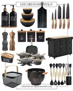 kitchen accessories and utensils are shown in this graphic